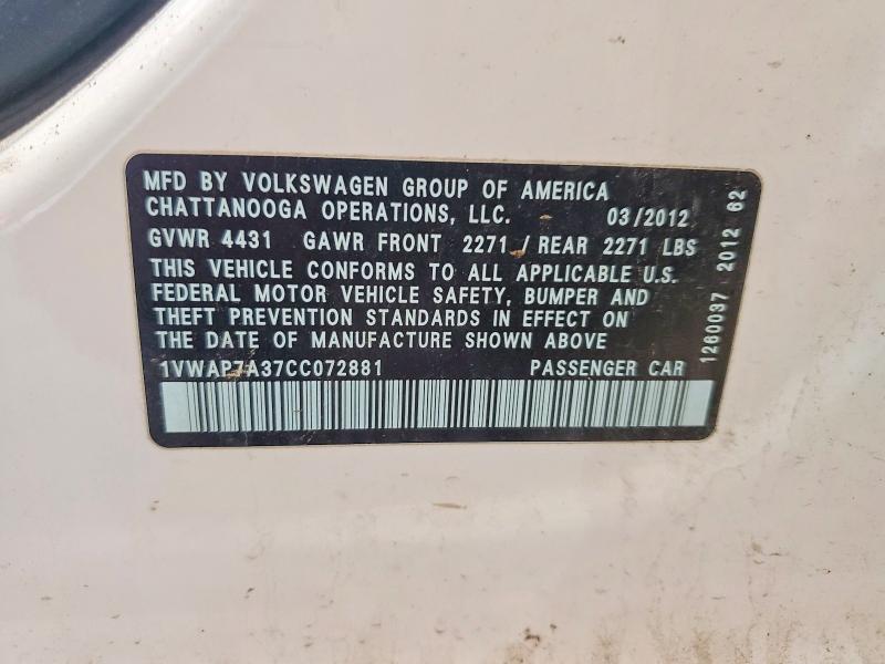 Продаж на аукціоні авто 2012 Volkswagen Passat, vin: 1VWAP7A37CC072881, номер лоту: 62045356