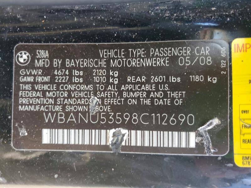 2008 Bmw 528 მანქანა იყიდება აუქციონზე, vin: WBANU53598C112690, აუქციონის ნომერი: 62105546