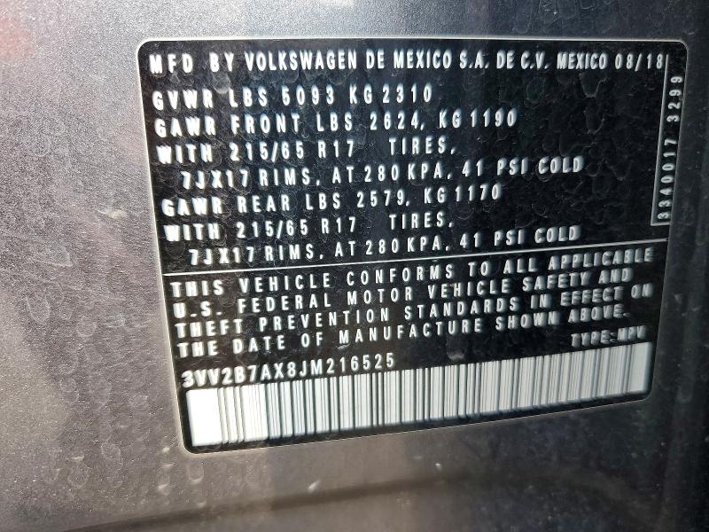 62834126 :رقم المزاد ، 3VV2B7AX8JM216525 vin ، 2018 Volkswagen Tiguan مزاد بيع