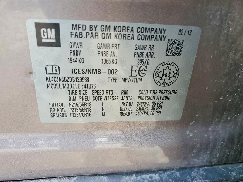 2013 Buick Encore მანქანა იყიდება აუქციონზე, vin: KL4CJASB2DB129988, აუქციონის ნომერი: 62482456