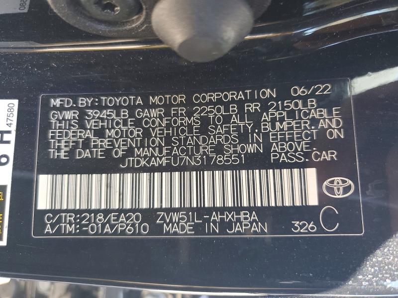 61705146 :رقم المزاد ، JTDKAMFU7N3178551 vin ، 2022 Toyota Prius مزاد بيع