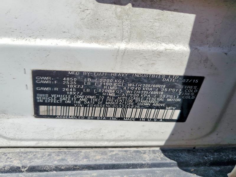2016 Subaru Outback მანქანა იყიდება აუქციონზე, vin: 4S4BSENC0G3200836, აუქციონის ნომერი: 60033736