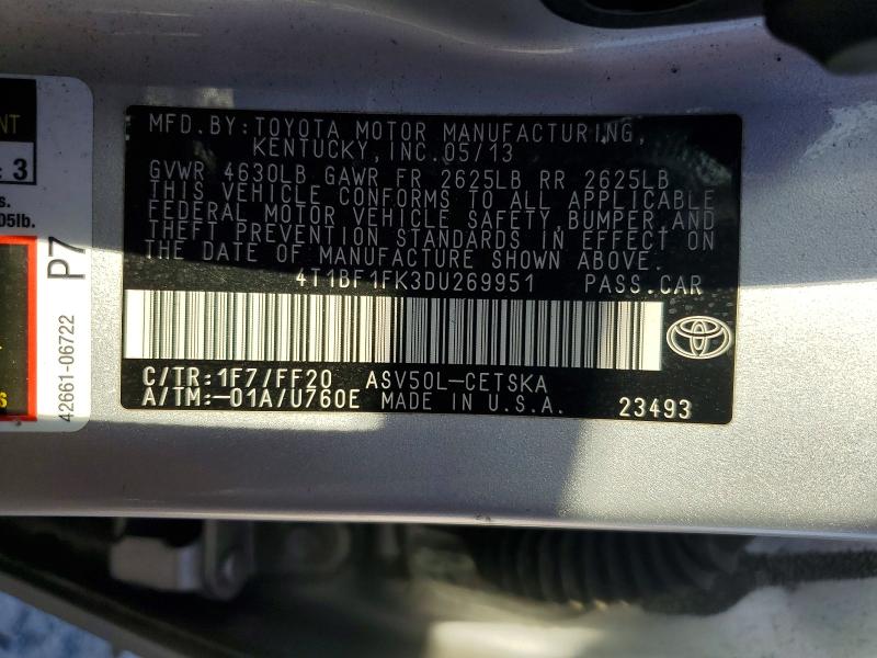 2013 Toyota Camry მანქანა იყიდება აუქციონზე, vin: 4T1BF1FK3DU269951, აუქციონის ნომერი: 61445576