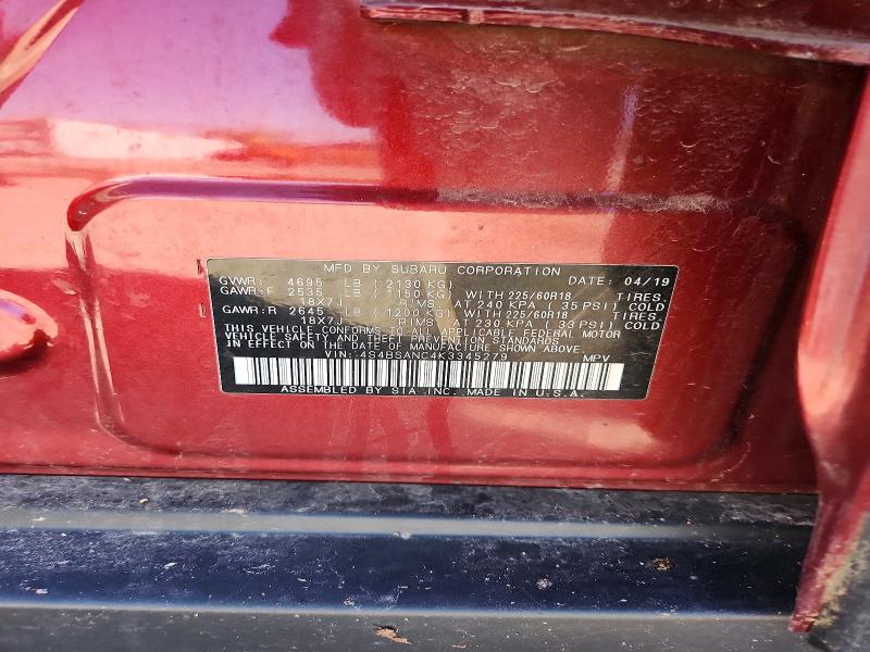 2019 Subaru Outback მანქანა იყიდება აუქციონზე, vin: 4S4BSANC4K3345279, აუქციონის ნომერი: 60305686