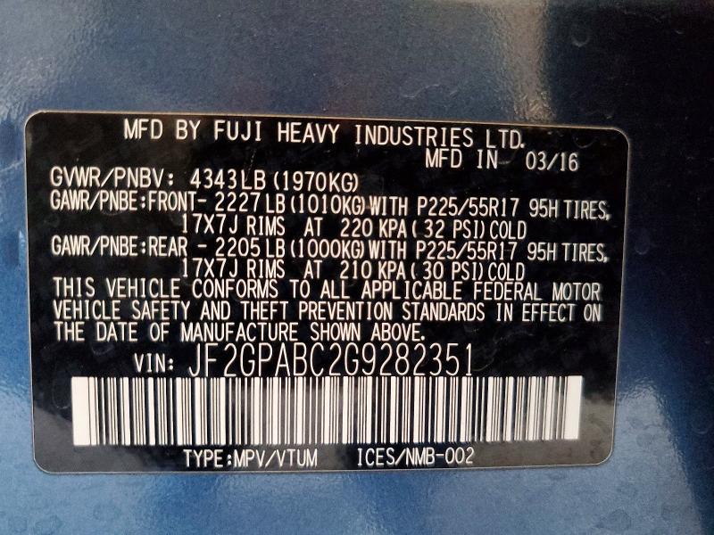 2016 Subaru Crosstrek მანქანა იყიდება აუქციონზე, vin: JF2GPABC2G9282351, აუქციონის ნომერი: 60951186