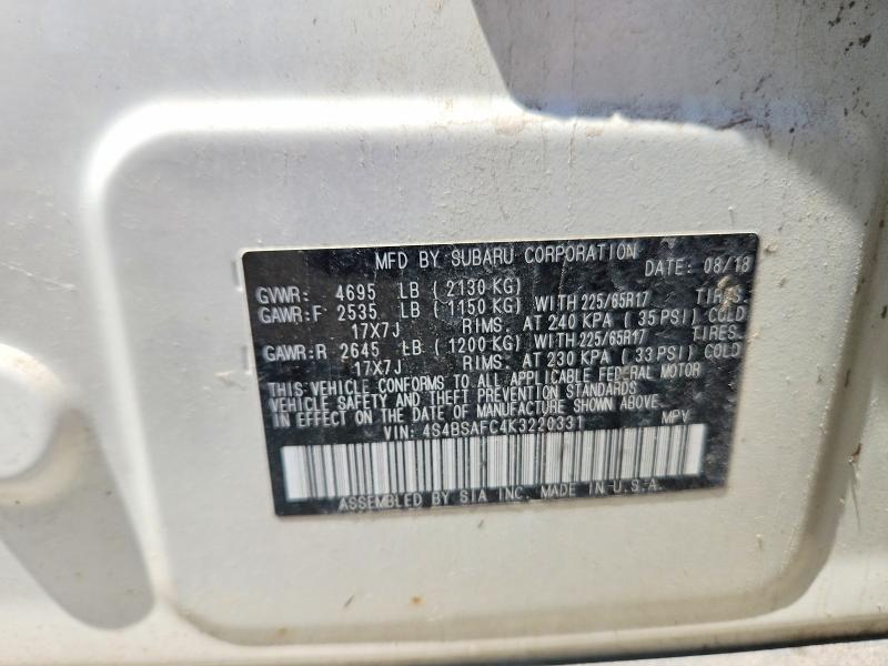 Aukcja sprzedaży 2019 Subaru Outback, vin: 4S4BSAFC4K3220331, numer aukcji: 60209986