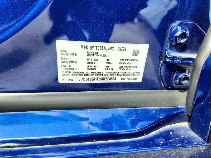 61176896 :رقم المزاد ، 5YJSA1E50RF538583 vin ، 2024 Tesla Model S مزاد بيع