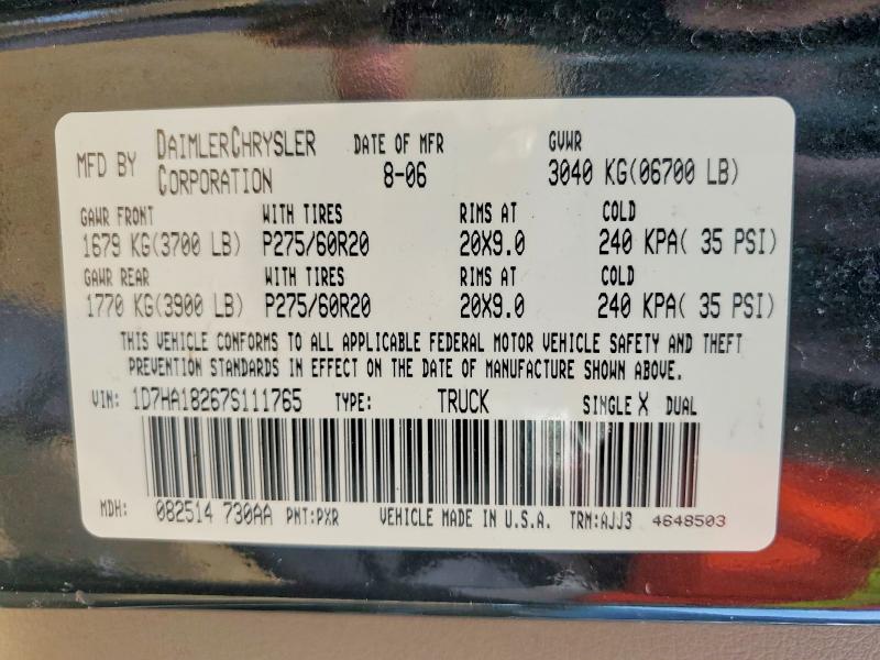 Aukcja sprzedaży 2007 Dodge Ram 1500, vin: 1D7HA18267S111765, numer aukcji: 61366186