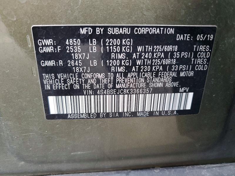 2019 Subaru Outback მანქანა იყიდება აუქციონზე, vin: 4S4BSEJC8K3366357, აუქციონის ნომერი: 60395746