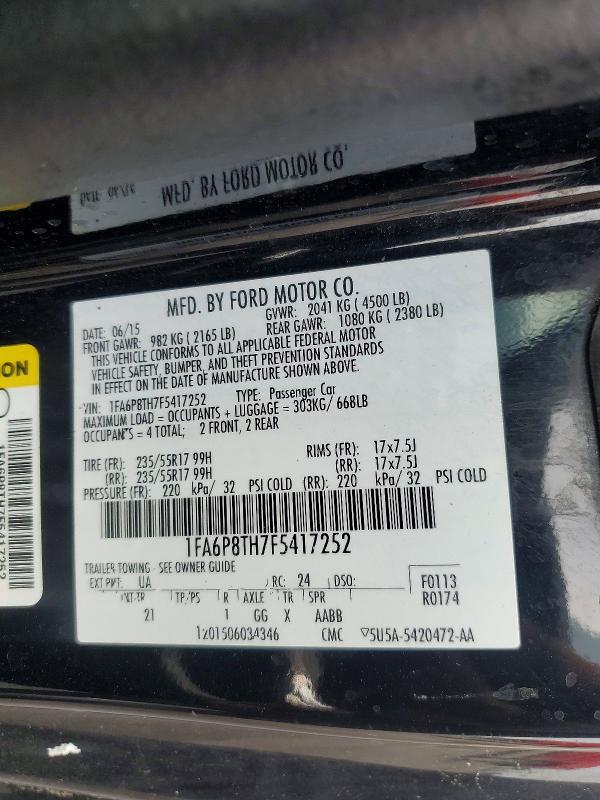 62771716 :رقم المزاد ، 1FA6P8TH7F5417252 vin ، 2015 Ford Mustang مزاد بيع