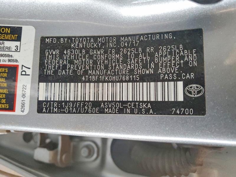2017 Toyota Camry მანქანა იყიდება აუქციონზე, vin: 4T1BF1FK0HU768115, აუქციონის ნომერი: 63354046