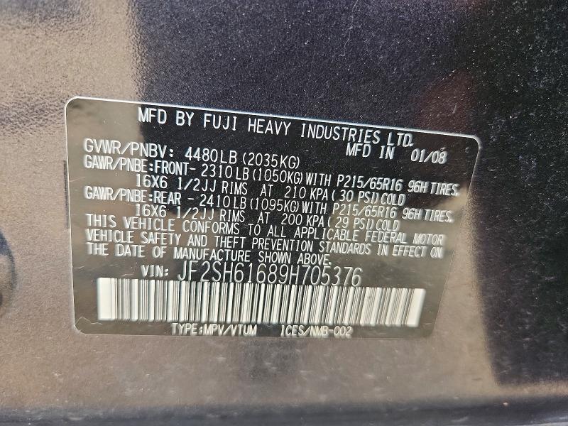 61547516 :رقم المزاد ، JF2SH61689H705376 vin ، 2009 Subaru Forester مزاد بيع