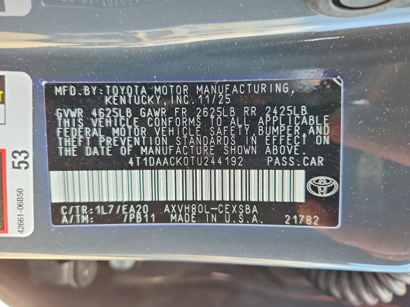 2026 Toyota Camry მანქანა იყიდება აუქციონზე, vin: 4T1DAACK0TU244192, აუქციონის ნომერი: 63138006