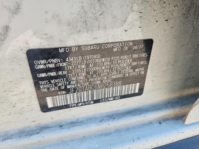 Продаж на аукціоні авто 2022 Subaru Crosstrek, vin: JF2GTABC6NH258388, номер лоту: 59380936