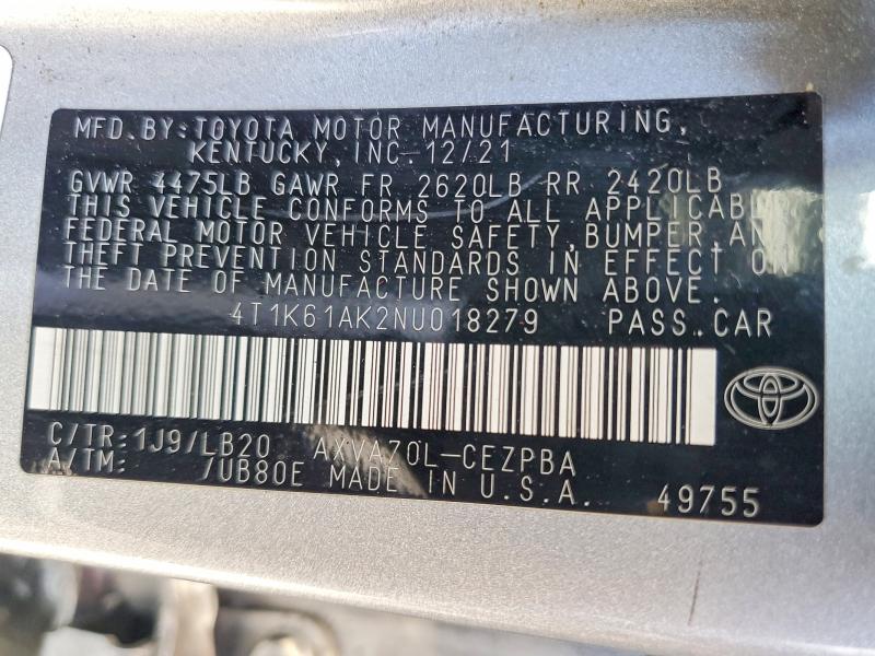 Aukcja sprzedaży 2022 Toyota Camry, vin: 4T1K61AK2NU018279, numer aukcji: 85790505