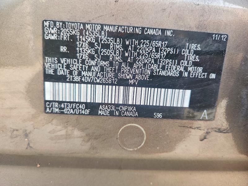 Aukcja sprzedaży 2012 Toyota Rav4, vin: 2T3BF4DV7CW265812, numer aukcji: 62630806