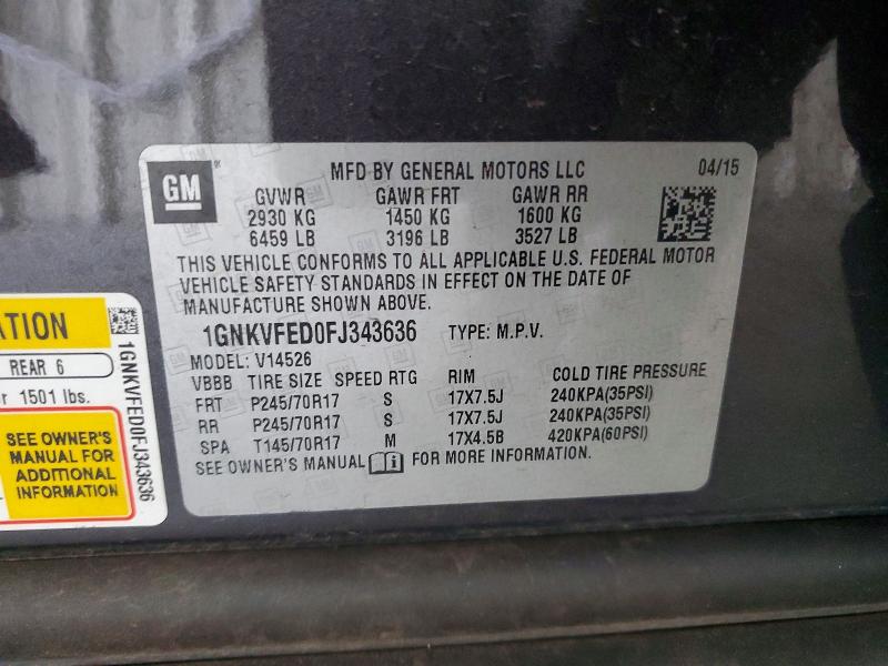 2015 Chevrolet Traverse მანქანა იყიდება აუქციონზე, vin: 1GNKVFED0FJ343636, აუქციონის ნომერი: 60302536