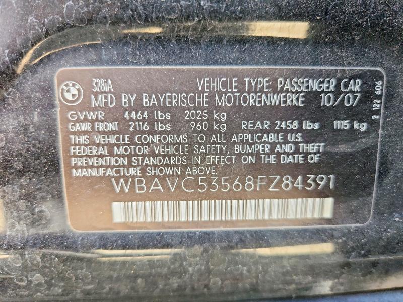2008 Bmw 328 მანქანა იყიდება აუქციონზე, vin: WBAVC53568FZ84391, აუქციონის ნომერი: 61615376
