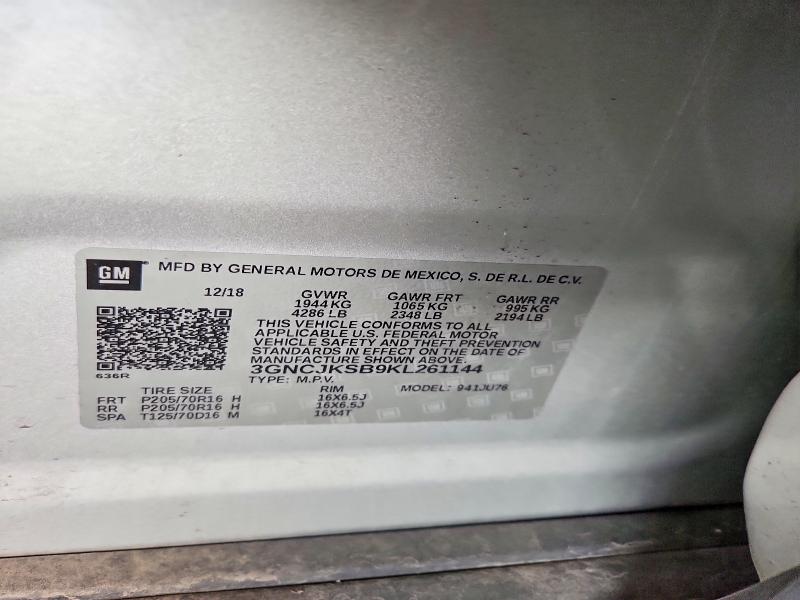 Aukcja sprzedaży 2019 Chevrolet Trax, vin: 3GNCJKSB9KL261144, numer aukcji: 60045666