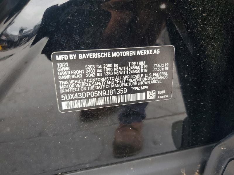 61772726 :رقم المزاد ، 5UX43DP05N9J81359 vin ، 2022 Bmw X3 مزاد بيع