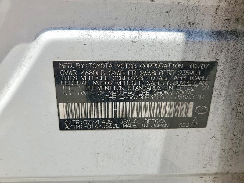 2007 Lexus Es მანქანა იყიდება აუქციონზე, vin: JTHBJ46G672093105, აუქციონის ნომერი: 62060646