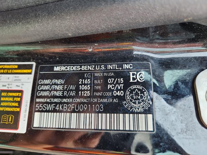 61364226 :رقم المزاد ، 55SWF4KB2FU091103 vin ، 2015 Mercedes-benz C مزاد بيع
