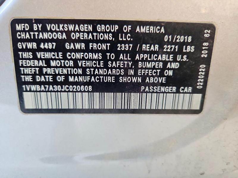 Aukcja sprzedaży 2018 Volkswagen Passat, vin: 1VWBA7A30JC020608, numer aukcji: 62675746