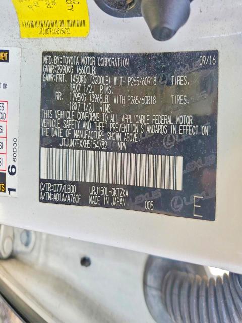 Aukcja sprzedaży 2017 Lexus Gx, vin: JTJJM7FXXH5154782, numer aukcji: 59906096