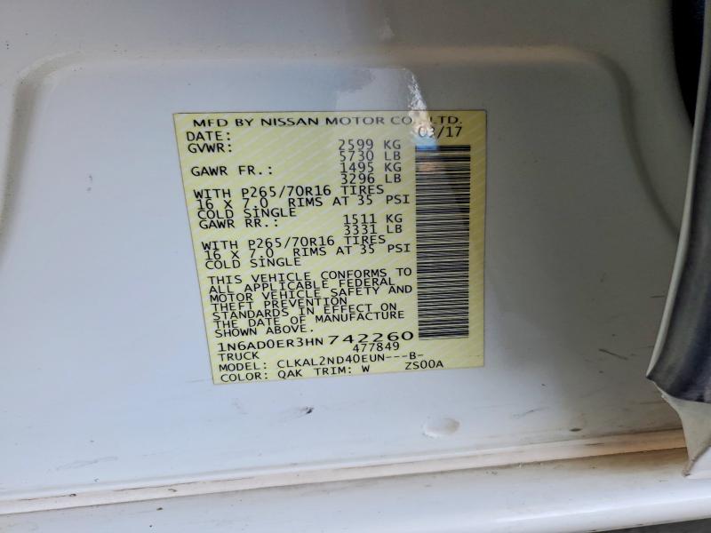2017 Nissan Frontier მანქანა იყიდება აუქციონზე, vin: 1N6AD0ER3HN742260, აუქციონის ნომერი: 60146816