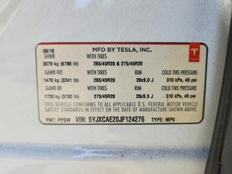 Продаж на аукціоні авто 2018 Tesla Model X, vin: 5YJXCAE20JF124276, номер лоту: 59745146