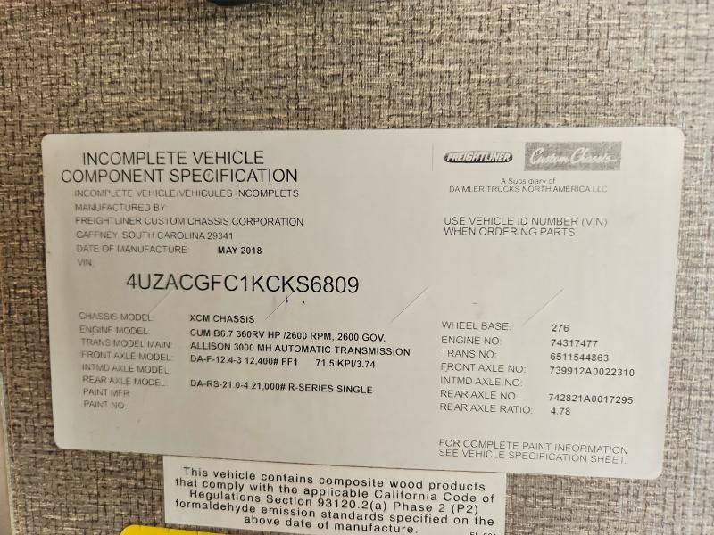 Продаж на аукціоні авто 2019 Freightliner Chassis, vin: 4UZACGFC1KCKS6809, номер лоту: 61378326
