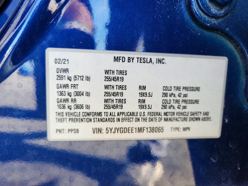 2021 Tesla Model Y მანქანა იყიდება აუქციონზე, vin: 5YJYGDEE1MF138065, აუქციონის ნომერი: 59553316