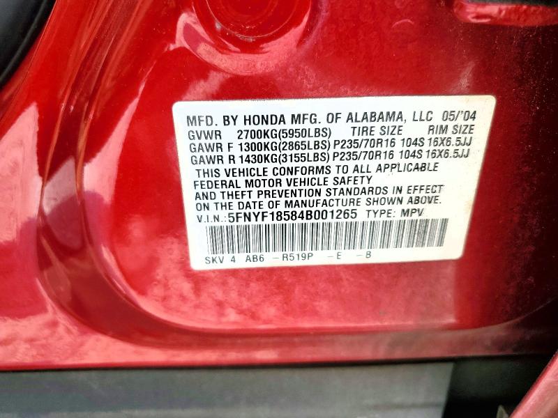 2004 Honda Pilot მანქანა იყიდება აუქციონზე, vin: 5FNYF18584B001265, აუქციონის ნომერი: 63414286