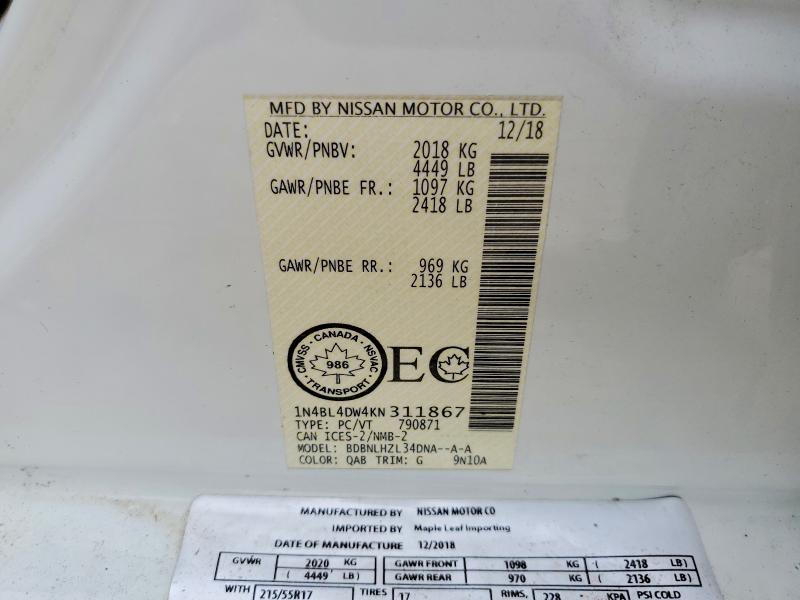 61511726 :رقم المزاد ، 1N4BL4DW4KN311867 vin ، 2019 Nissan Altima مزاد بيع