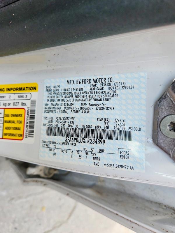 2020 Ford Fusion მანქანა იყიდება აუქციონზე, vin: 3FA6P0LUXLR234399, აუქციონის ნომერი: 62157476