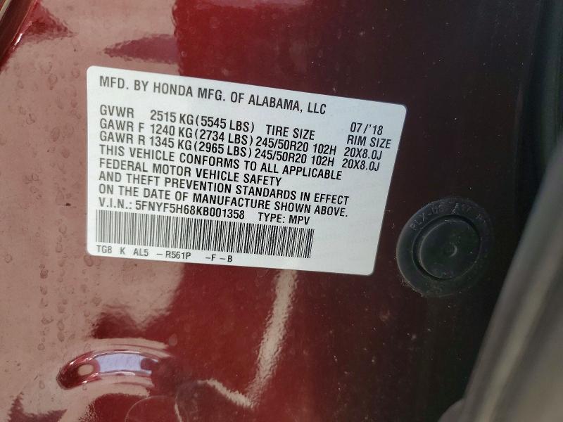 60961736 :رقم المزاد ، 5FNYF5H68KB001358 vin ، 2019 Honda Pilot مزاد بيع