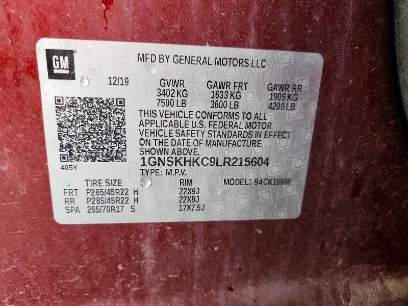 61922356 :رقم المزاد ، 1GNSKHKC9LR215604 vin ، 2020 Chevrolet Suburban مزاد بيع