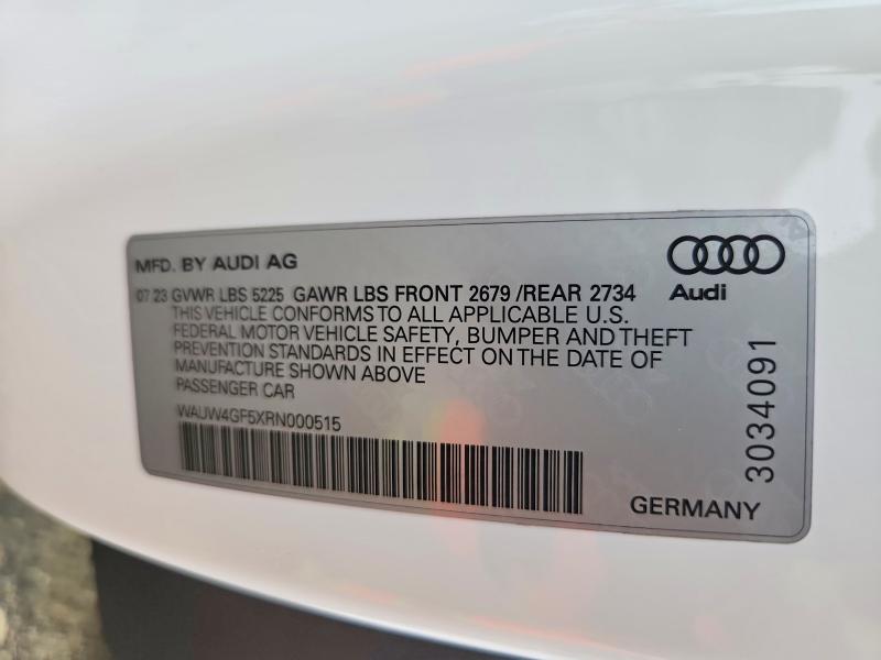 2024 Audi S5 მანქანა იყიდება აუქციონზე, vin: WAUW4GF5XRN000515, აუქციონის ნომერი: 62020946