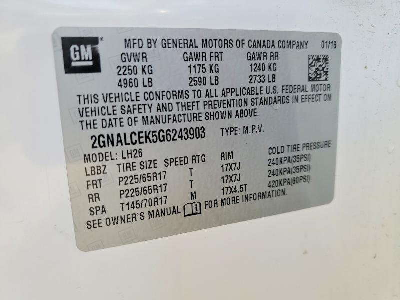 Продажа на аукционе авто 2016 Chevrolet Equinox, vin: 2GNALCEK5G6243903, номер лота: 62893296
