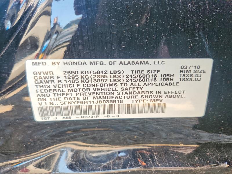 61393236 :رقم المزاد ، 5FNYF6H11JB035618 vin ، 2018 Honda Pilot مزاد بيع
