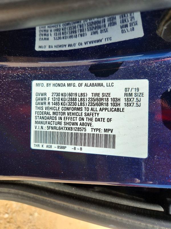 Aukcja sprzedaży 2019 Honda Odyssey, vin: 5FNRL6H7XKB128575, numer aukcji: 63389026