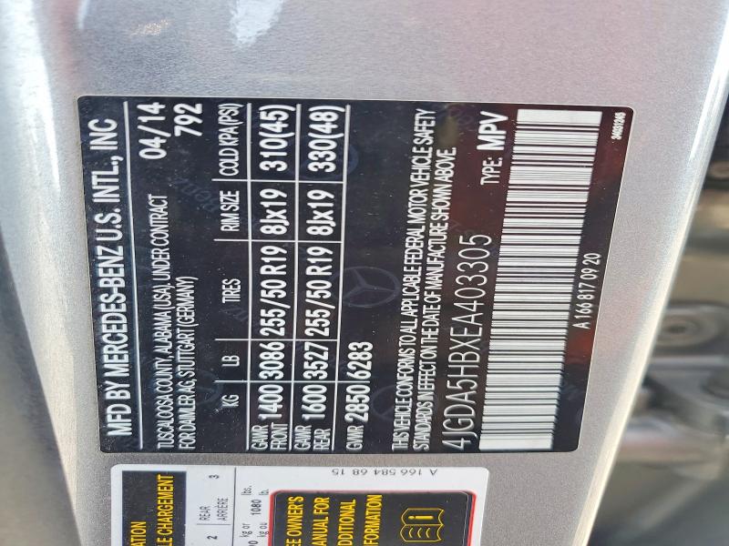 62476106 :رقم المزاد ، 4JGDA5HBXEA403305 vin ، 2014 Mercedes-benz Ml مزاد بيع