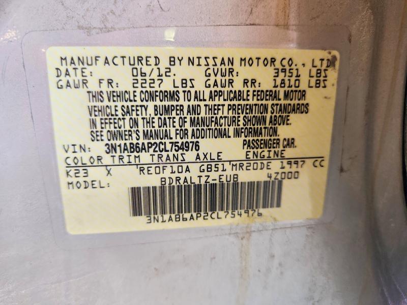 2012 Nissan Sentra მანქანა იყიდება აუქციონზე, vin: 3N1AB6AP2CL754976, აუქციონის ნომერი: 60769406