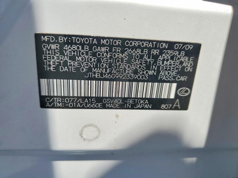 Продаж на аукціоні авто 2009 Lexus Es, vin: JTHBJ46G992339003, номер лоту: 62876216
