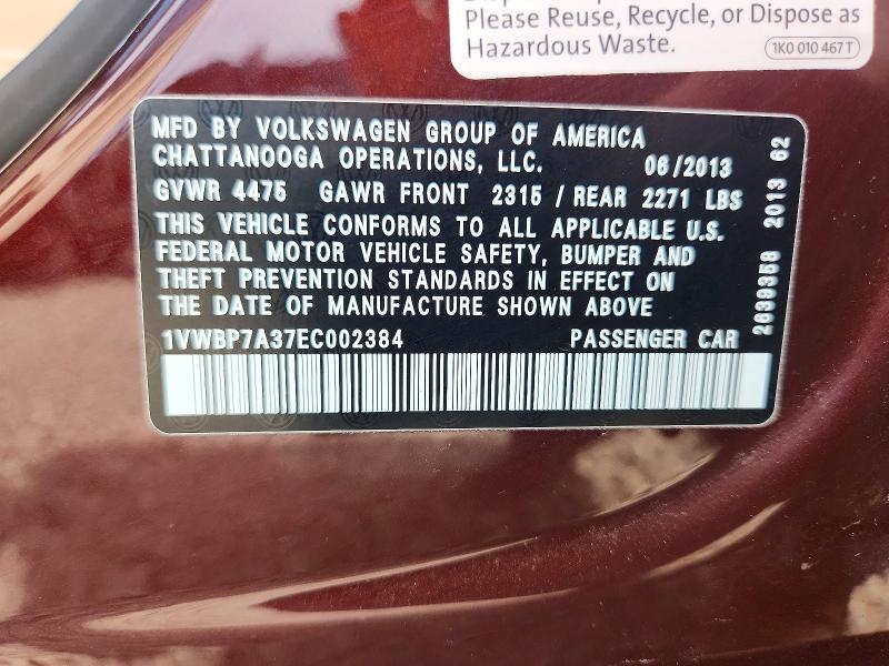 Aukcja sprzedaży 2014 Volkswagen Passat, vin: 1VWBP7A37EC002384, numer aukcji: 62165946