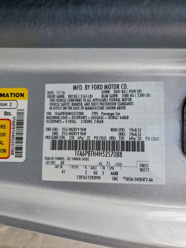 2017 Ford Mustang მანქანა იყიდება აუქციონზე, vin: 1FA6P8TH4H5257088, აუქციონის ნომერი: 60255246