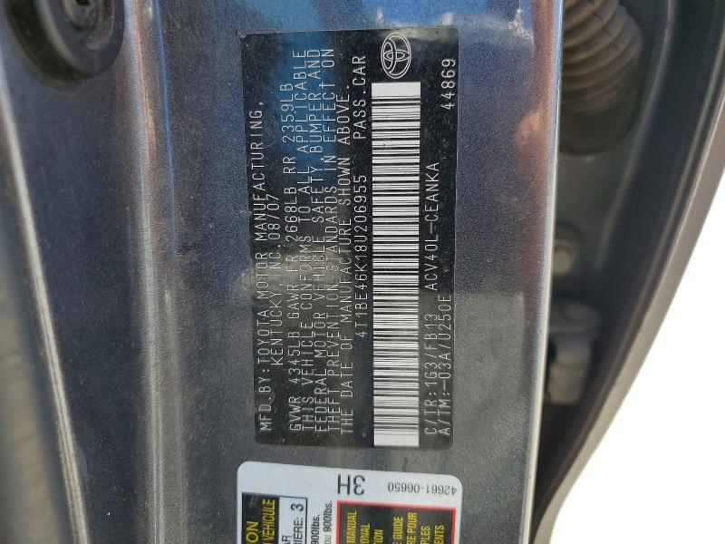 2008 Toyota Camry მანქანა იყიდება აუქციონზე, vin: 4T1BE46K18U206955, აუქციონის ნომერი: 62338326