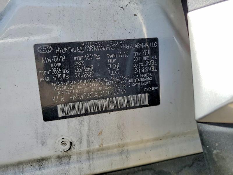 2019 Hyundai Santa Fe მანქანა იყიდება აუქციონზე, vin: 5NMS2CAD1KH121743, აუქციონის ნომერი: 60409956