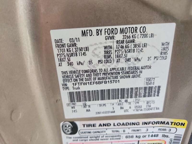 62255756 :رقم المزاد ، 1FTFW1EF6BFB15701 vin ، 2011 Ford F150 مزاد بيع
