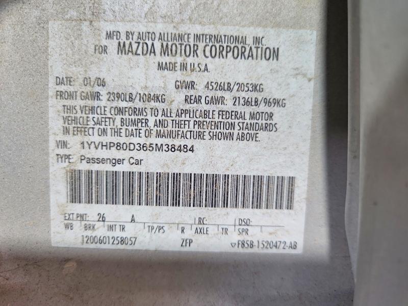 Продажа на аукционе авто 2006 Mazda 6, vin: 1YVHP80D365M38484, номер лота: 59772376